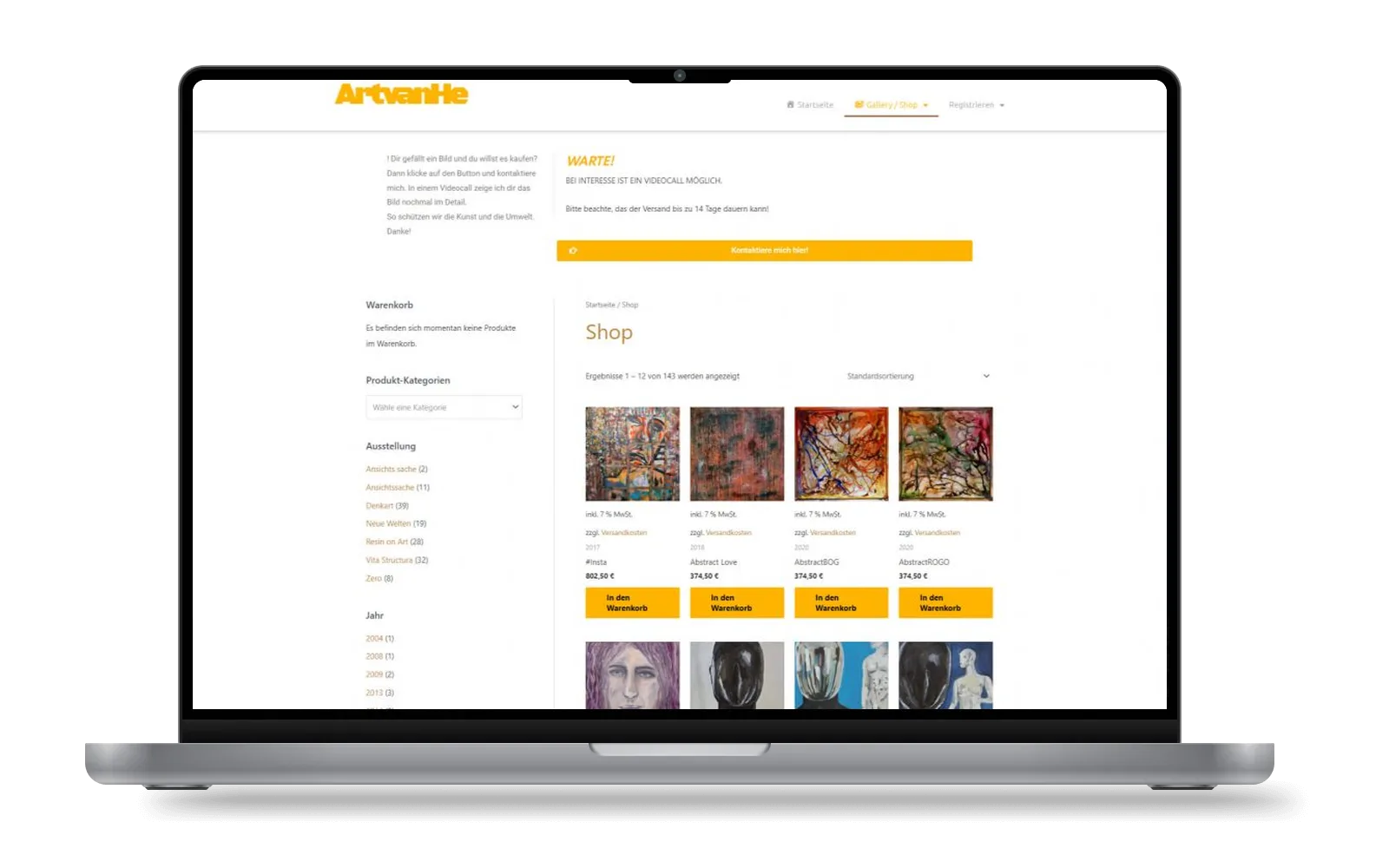 Online-Shop von ArtvanHe auf einem Laptop: Galerie-Ansicht mit Werken des Künstlers