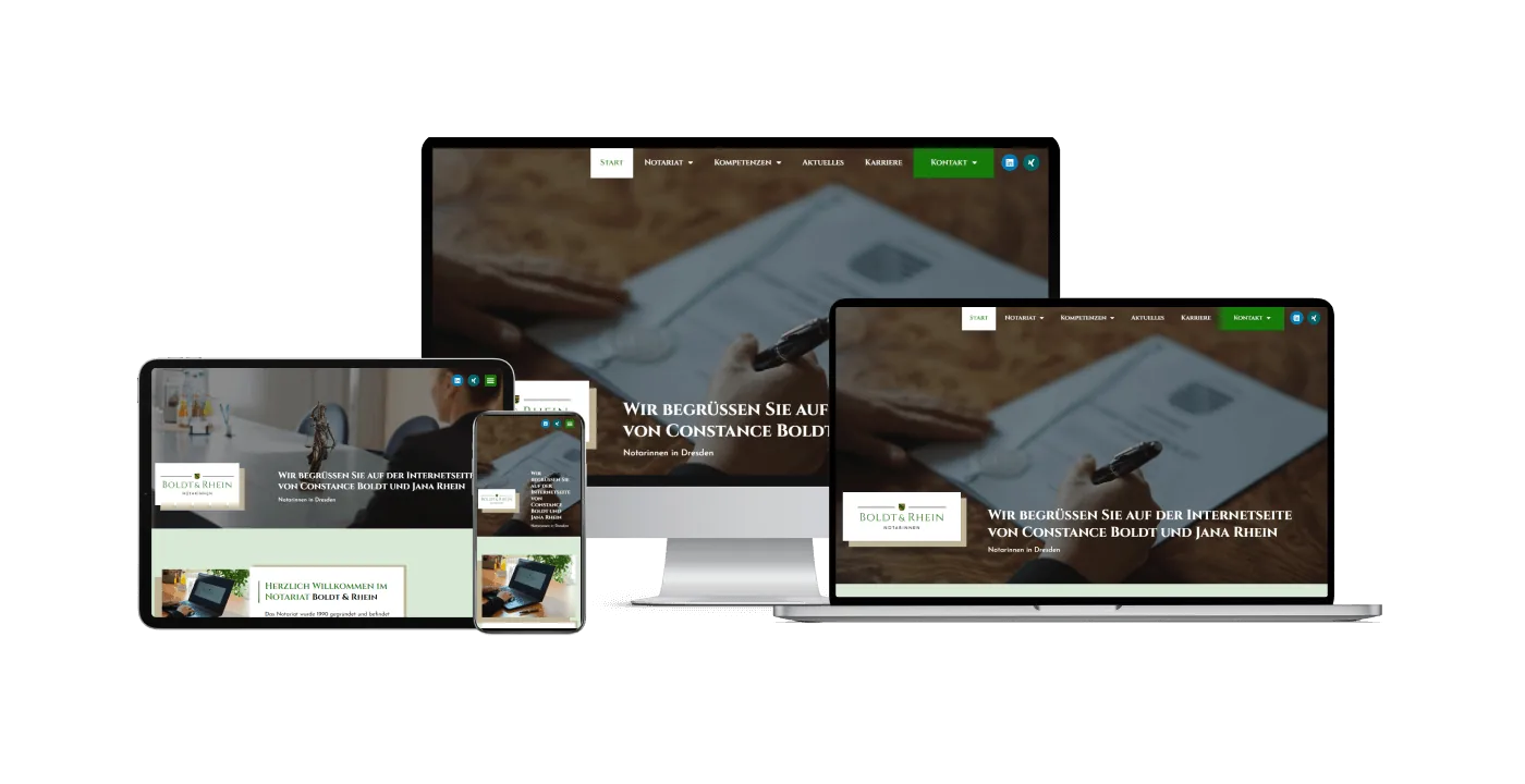 Die Website der Notarinnen Boldt und Rhein auf Desktop, Laptop, Tablet und Smartphone nebeneinander