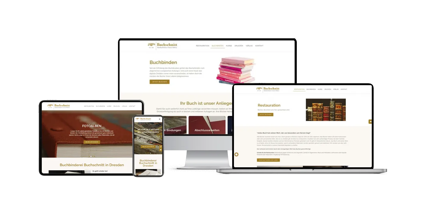 Die Website der Buchbinderei Buchschnitt auf Desktop, Laptop, Tablet und Smartphone nebeneinander