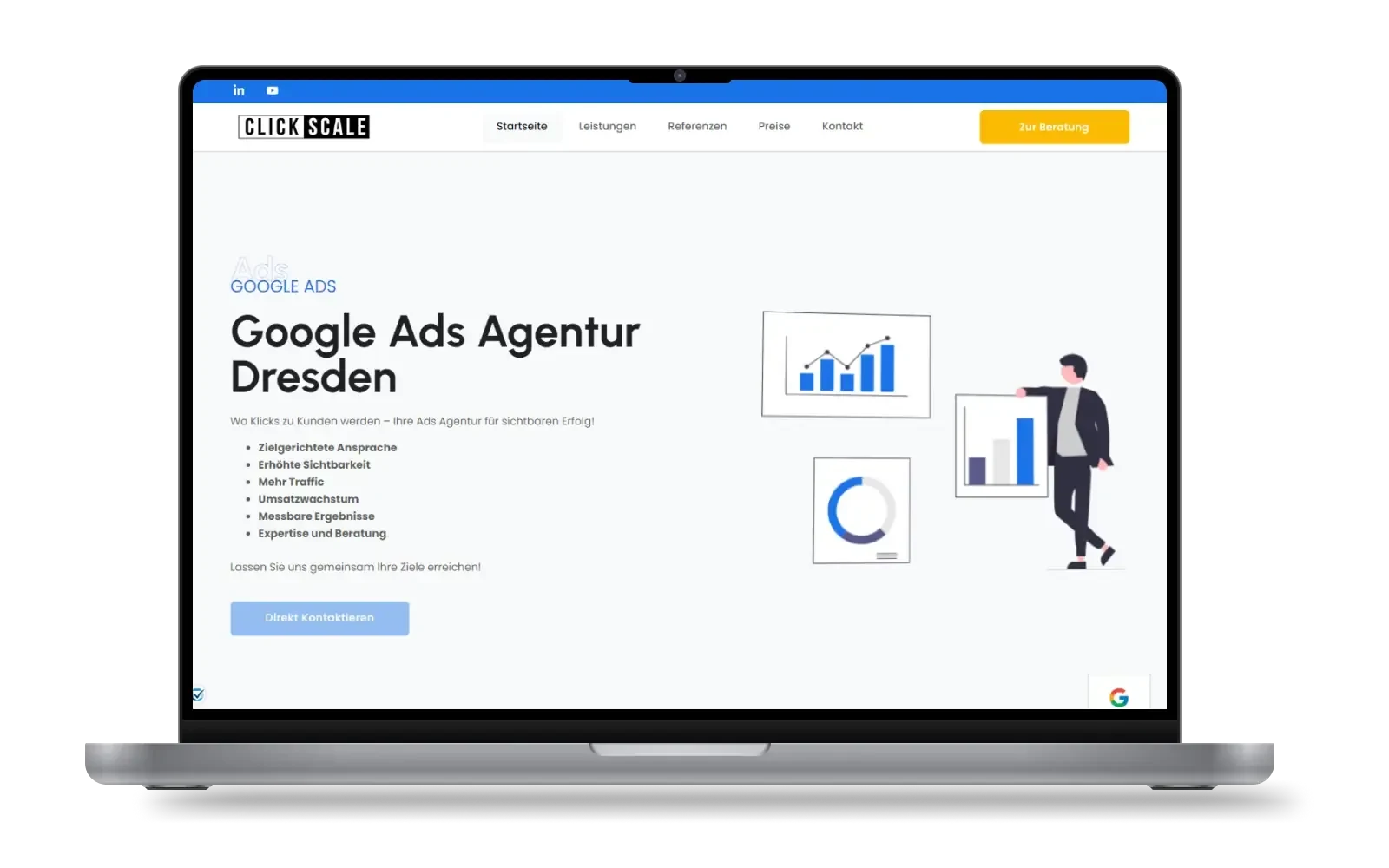 Website von Click Scale, einer Google Ads Agentur aus Dresden, auf einem Laptop