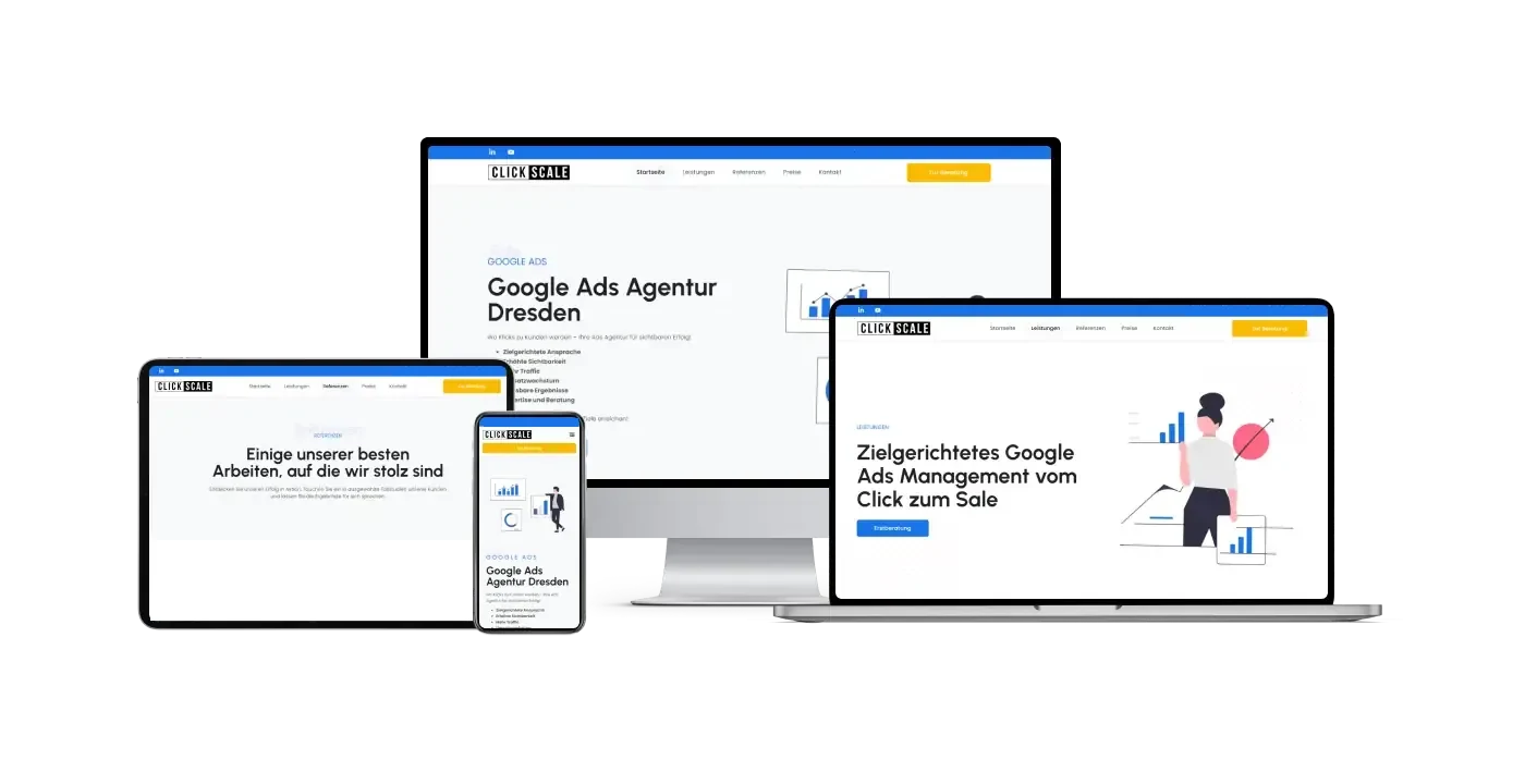 Die Click-Scale-Website auf Desktop, Laptop, Tablet und Smartphone nebeneinander