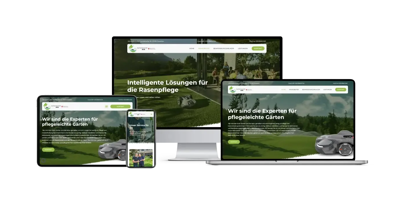 Die Website von Gartentechnik Arlt auf Desktop, Laptop, Tablet und Smartphone nebeneinander