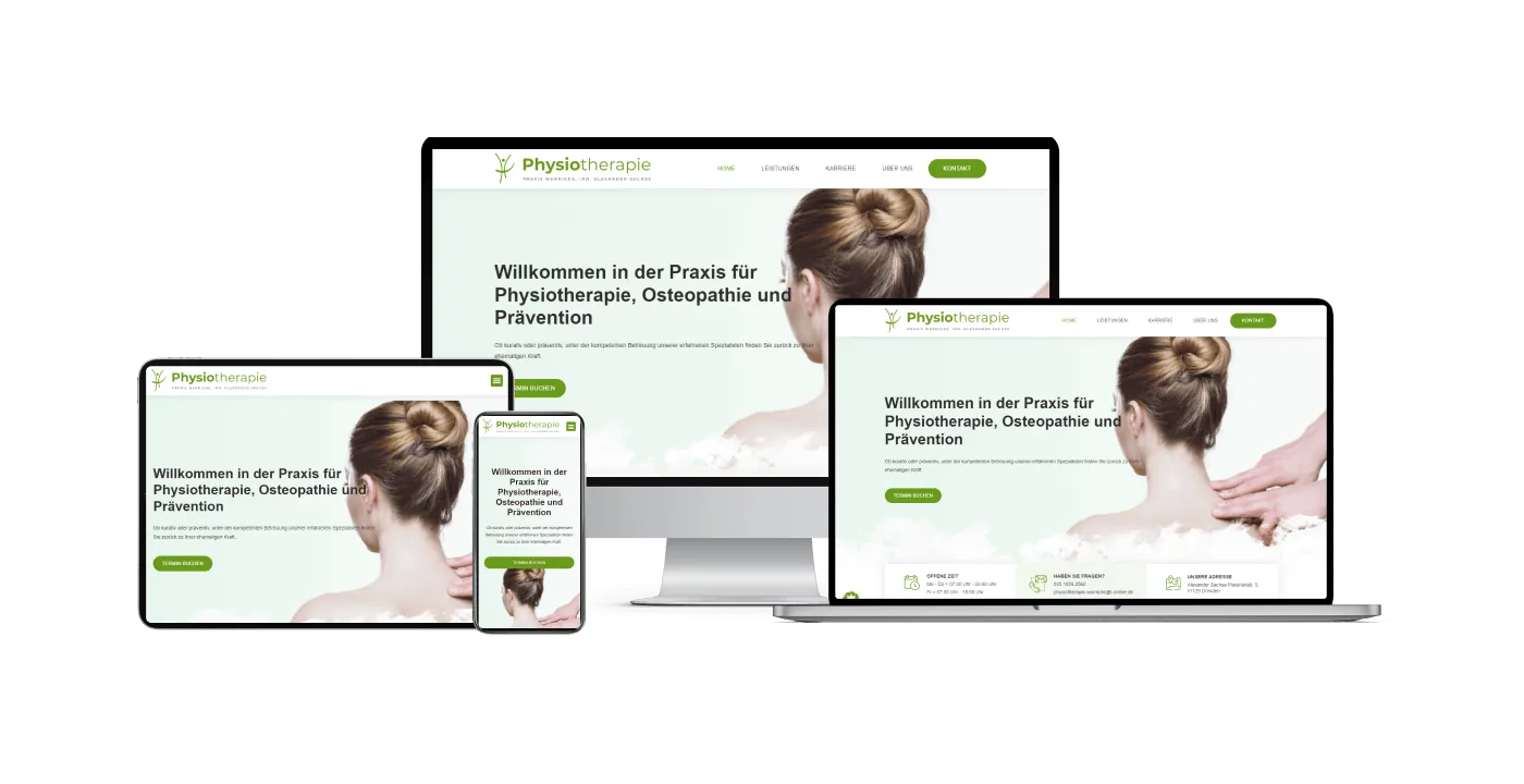 Die Website der Physiotherapie Praxis Wernicke auf Desktop, Laptop, Tablet und Smartphone nebeneinander