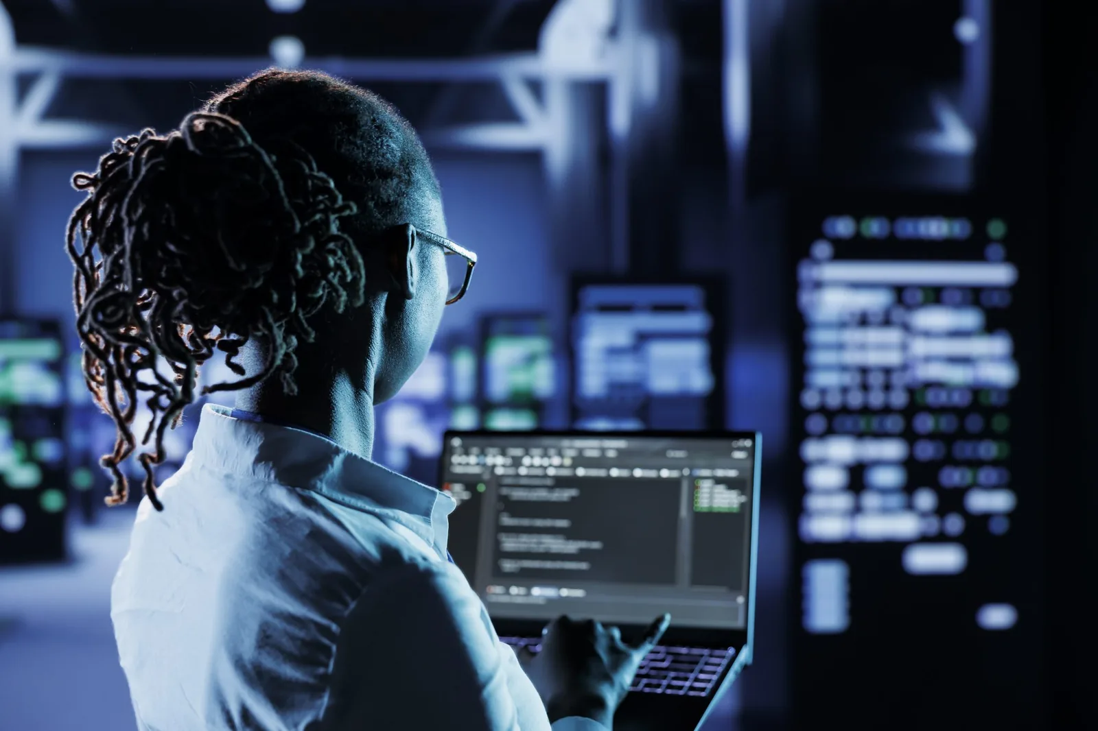 Deepfakes Computer scientist running code and programming on laptop, troubleshooting and upgrading high tech facility designed to accommodate multiple clusters of fully operational server rigs