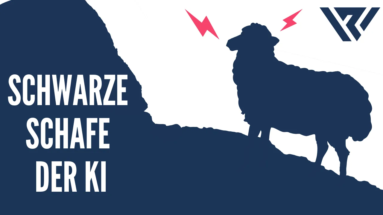 Ein schwarzes Schaf steht auf einem Berg und wird von roten Blitzen umgeben, symbolisierend für die "schwarzen Schafe" in der KI-Branche. Rechts oben ist ein stilisiertes Logo zu sehen. Text: "Schwarze Schafe der KI".