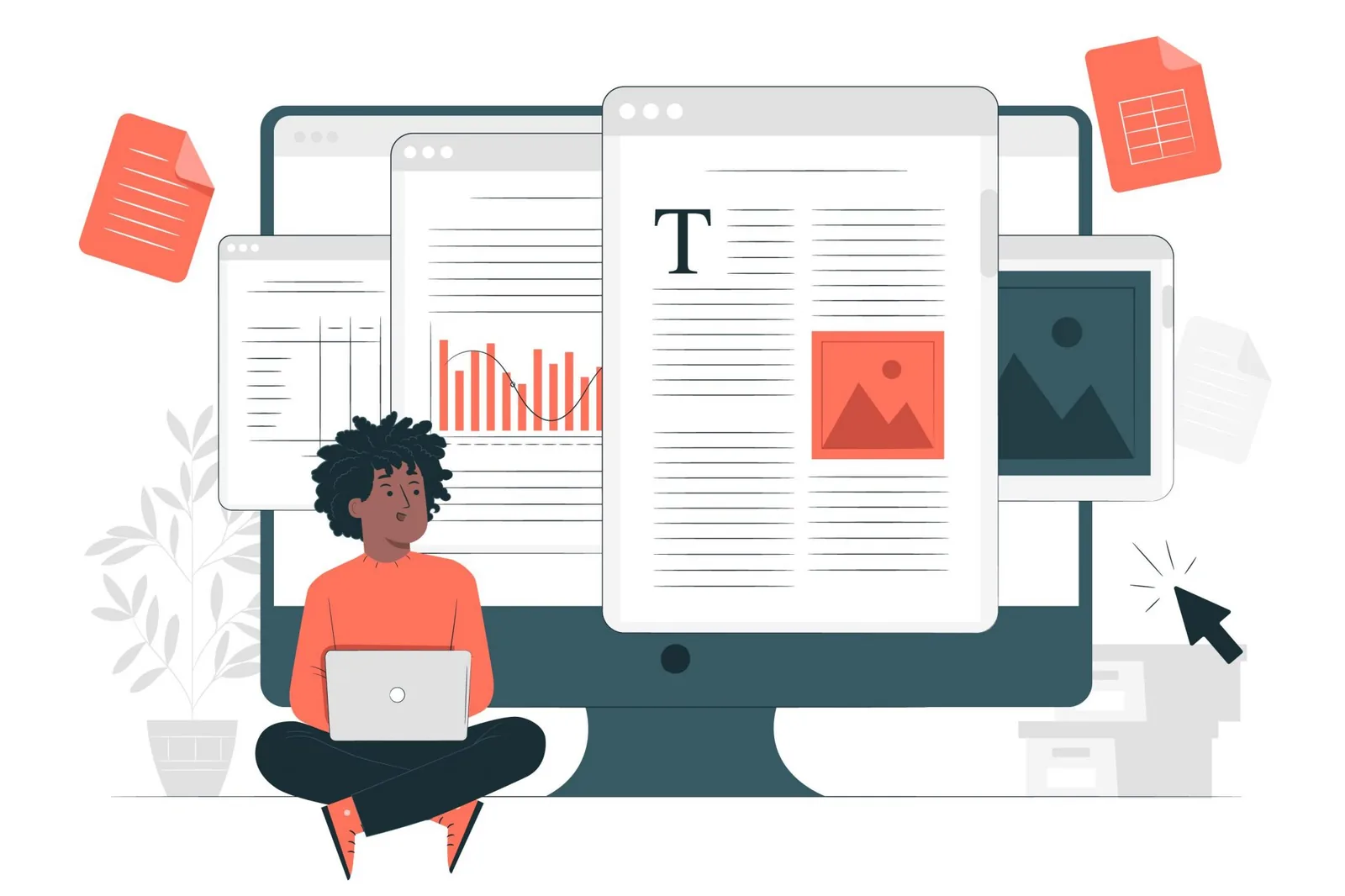 Illustration zeigt ein Beispiel für Barrierefreiht im digitalen Wesen: Ein Mann sitzt vor einem großen Computerscreen. Auf diesem wird ein simple Darstellung eines Alternativtextes gezeigt.